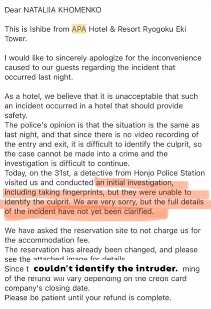 Apology letter from hotel about intruder incident and investigation after traveler spots phrogging under hotel bed.