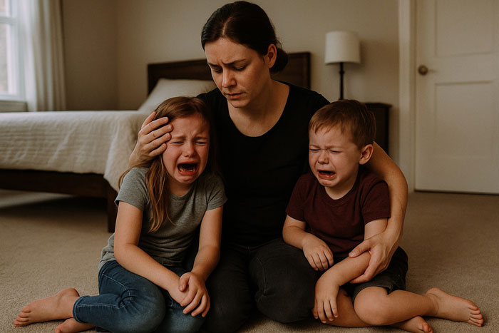 Woman comforting two crying children sitting on the floor, reflecting emotions after news of their dad passed away.