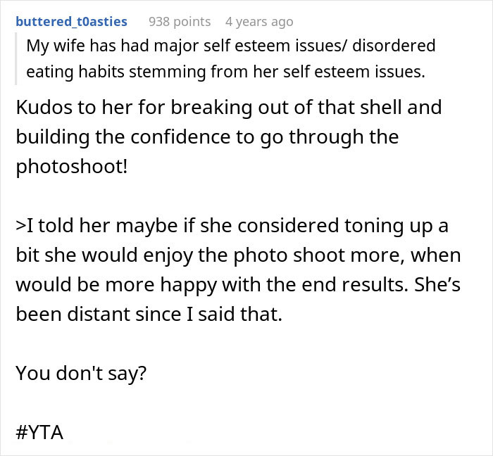 Screenshot of a Reddit comment discussing self esteem issues and a spicy photoshoot after pregnancy weight gain. Screenshot of a Reddit comment discussing self esteem issues and a spicy photoshoot after pregnancy weight gain.