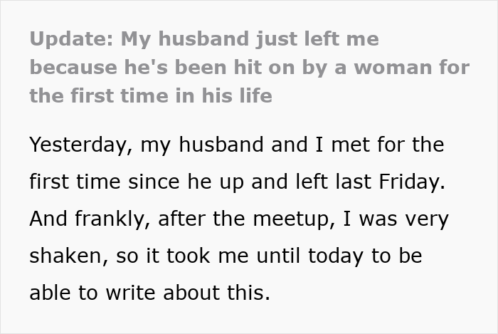Text excerpt describing a woman&rsquo;s experience after her husband leaves her following being hit on for the first time in his life.