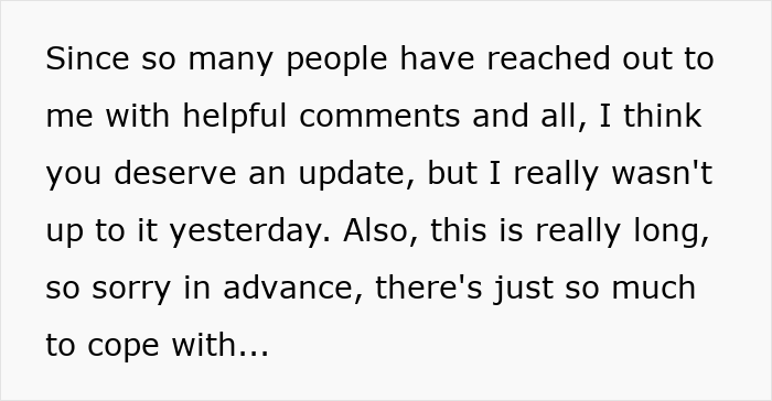 Text excerpt showing a woman&rsquo;s husband leaves her after being hit on for the first time, with an update on coping.