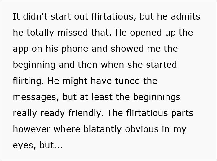 Text excerpt showing a woman&rsquo;s husband admitting he missed the first time he was hit on, revealing flirtatious messages on his phone.