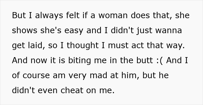 Text excerpt showing a woman expressing feelings about her husband's reaction after being hit on for the first time.