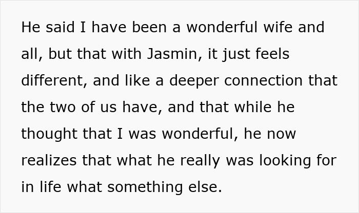 Text excerpt about a woman's husband leaving her after being hit on for the first time in his life, reflecting on deeper connections.