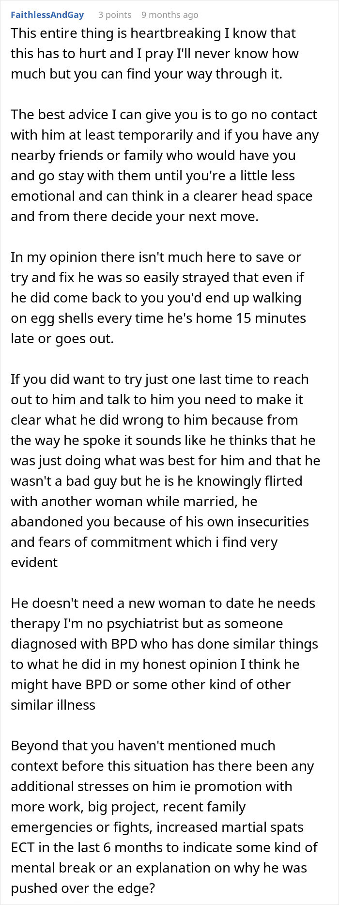 Comment discussing emotional impact and advice after woman's husband leaves her following being hit on for the first time.