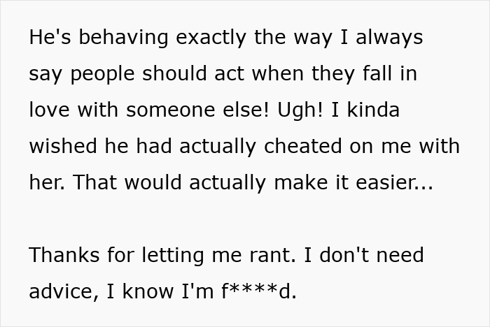 Text post describing a woman's husband leaving her after being hit on for the first time in his life.