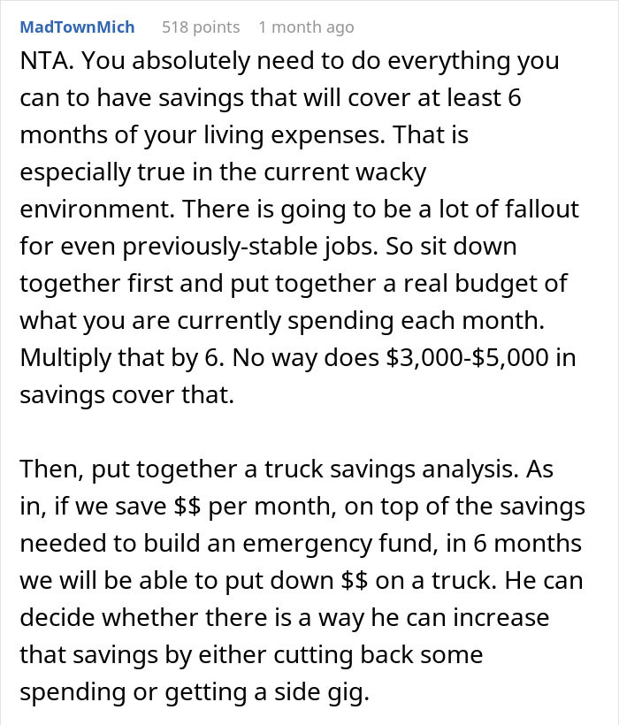 Commenter advising woman on talking sense into husband planning an irresponsible manly purchase by budgeting and saving money.