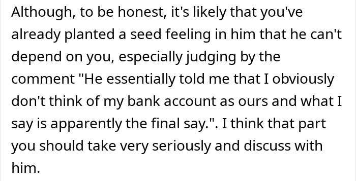 Text excerpt discussing a woman seeking advice on talking sense into her husband planning an irresponsible purchase.