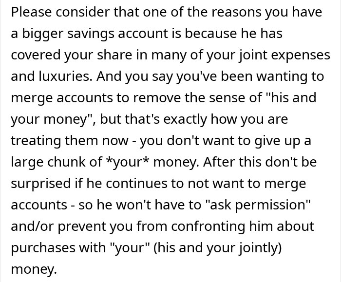 Text explaining financial concerns in a conversation where woman seeks advice on talking sense into husband about purchases.