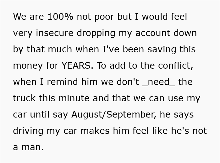 Text showing a woman seeking advice on talking sense into husband about his planned irresponsible manly purchase.