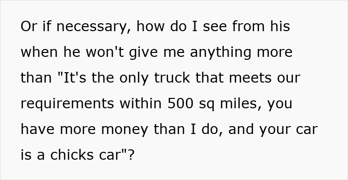 Text excerpt showing a woman seeking advice on talking sense into husband planning an irresponsible manly purchase.