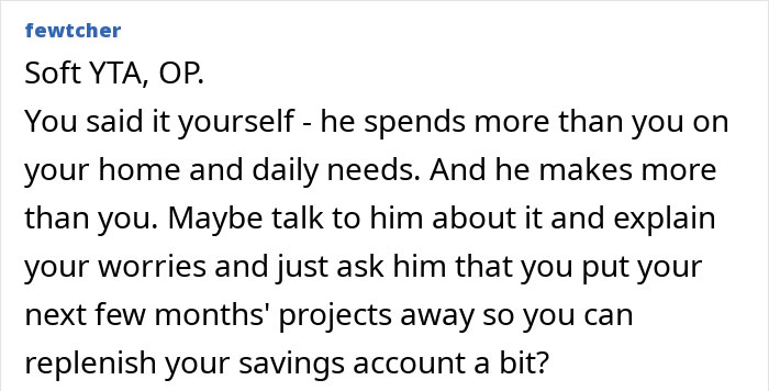 Screenshot of online advice forum showing a user suggesting how a woman might talk sense into husband about an irresponsible purchase.