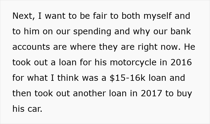Text excerpt discussing a woman seeking advice on talking sense into husband about irresponsible manly purchase decisions.