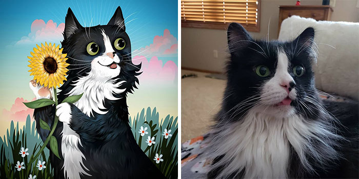 Side-by-side image of a black and white cat and its artistic pet portrait showing how pets are immortalized by their humans.