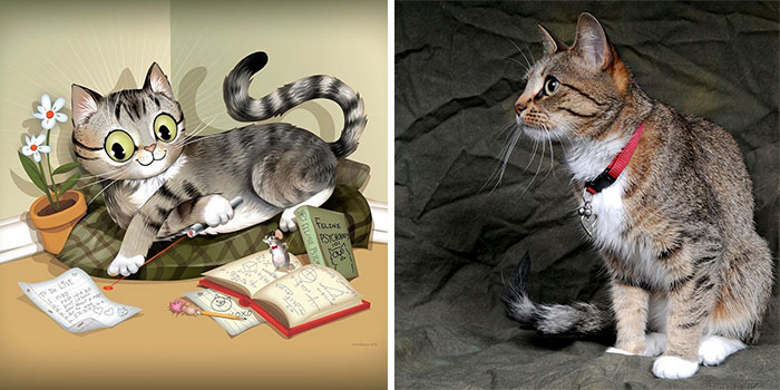 Side-by-side comparison of a real cat and a cartoon cat immortalized as pets are seen by their humans.