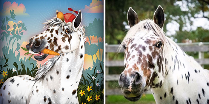 Illustration and photo of a spotted horse capturing pets immortalized exactly as their humans see them by Chris Beetow.