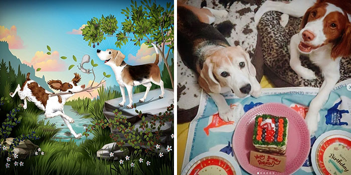 Two dogs are shown with a birthday cake alongside an artistic pet portrait capturing their playful nature.