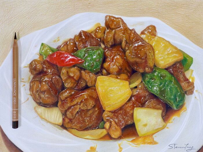 Hyper-realistic sweet and sour chicken food illustration by Steven Tang with vivid colors and detailed textures on a white plate.