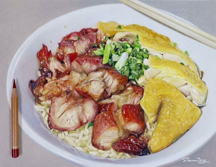 Hyper-realistic food illustration of a bowl with roasted meat, chicken, and green garnishes by Steven Tang.