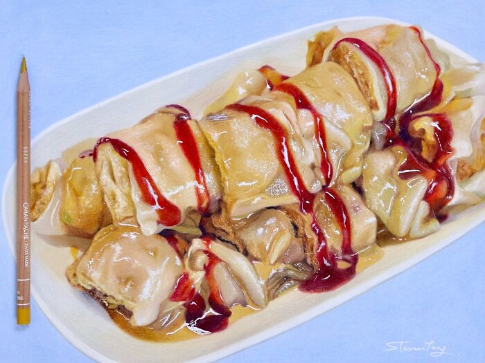 Close-up of deliciously deceptive food illustration by Steven Tang showing sauced rolls on a white plate with a pencil for scale.