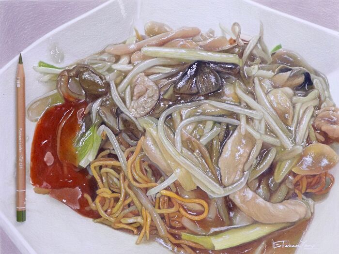 Realistic food illustration of noodles, vegetables, and sauce showcasing deceptive food illustrations by Steven Tang.