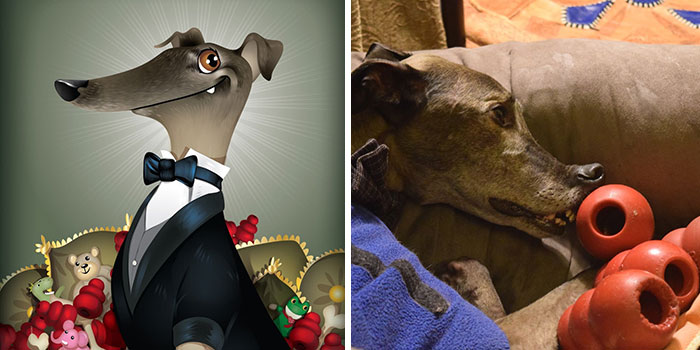 Side-by-side image showing a whimsical pet portrait and the real dog as seen by its human, highlighting pet immortalization.