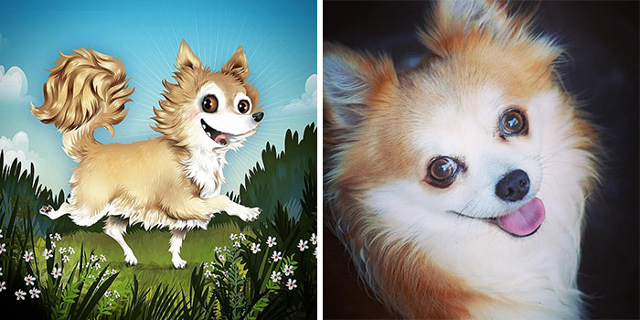 Side-by-side image of a playful dog and its illustrated portrait, showcasing pets immortalized as their humans see them.