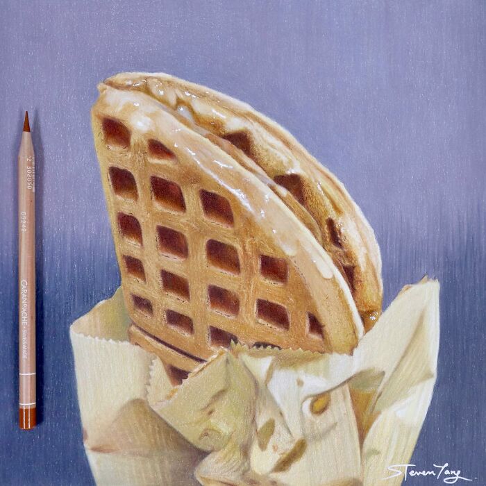 Realistic food illustration of a waffle sandwich made with syrup, showcasing deliciously deceptive food art by Steven Tang.