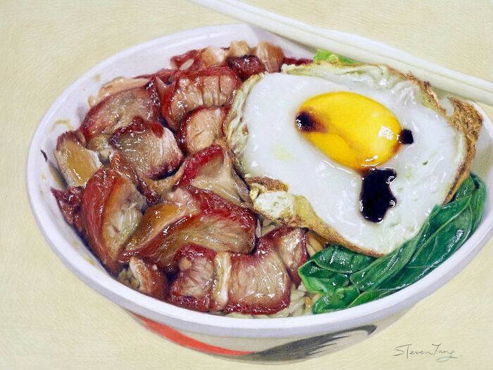 Close-up of a food illustration showing roasted meat, fried egg, and greens in a bowl, part of deceptive food illustrations.