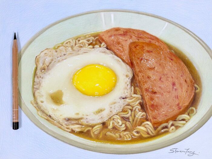 Hyper-realistic food illustration of fried egg and luncheon meat with noodles, showcasing deliciously deceptive food art style.