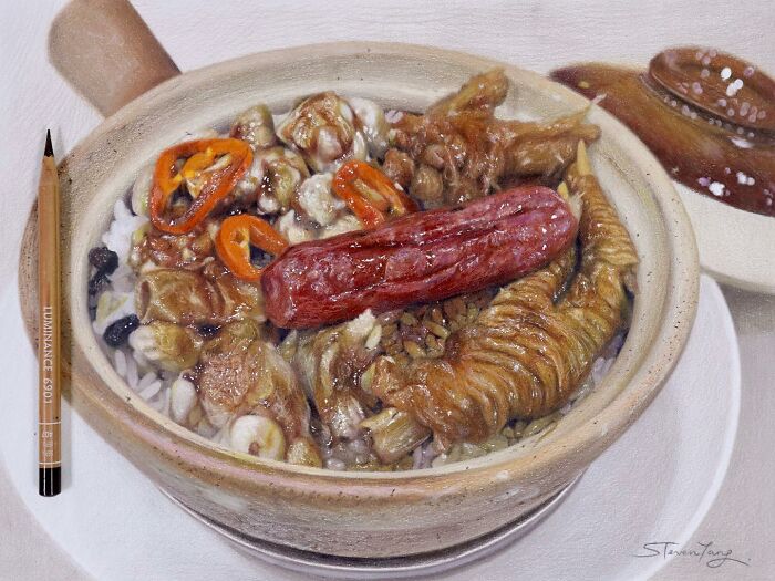 Realistic food illustration of a clay pot dish with meat and peppers, showcasing deceptive food art by Steven Tang.