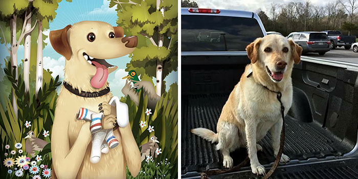 Side-by-side image of a dog and its cartoon portrait, showcasing pets immortalized as their humans see them.