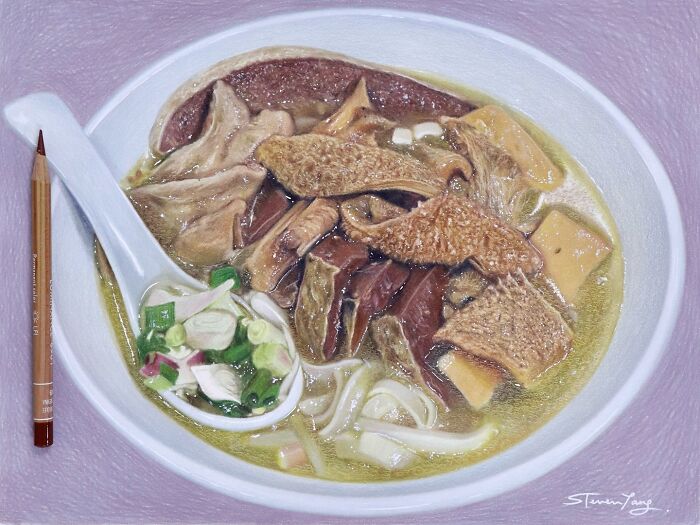 Bowl of noodle soup with mushrooms and green onions, a deliciously deceptive food illustration by Steven Tang.