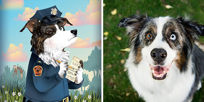 Illustration of a dog as a police officer writing a ticket next to a happy dog with heterochromia in a grassy area, pets immortalized.