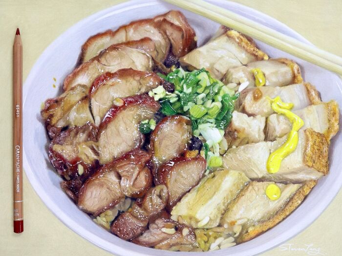 Realistic food illustration showing a bowl of sliced meat and greens with chopsticks and a color pencil nearby.