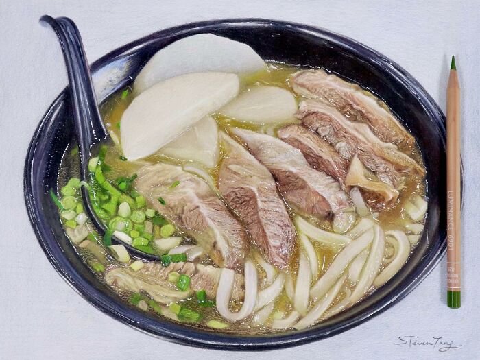 Illustration of a bowl of noodle soup with sliced meat, vegetables, and broth showcasing deceptive food illustrations by Steven Tang