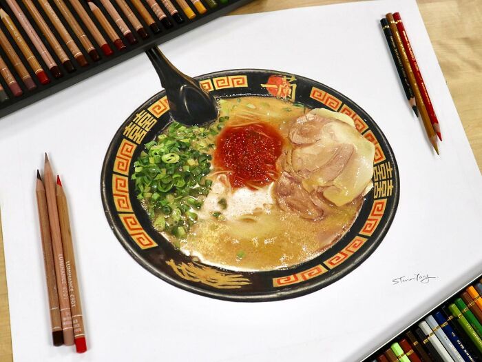 Realistic food illustration of a bowl of ramen with pork, green onions, and chili sauce by Steven Tang.