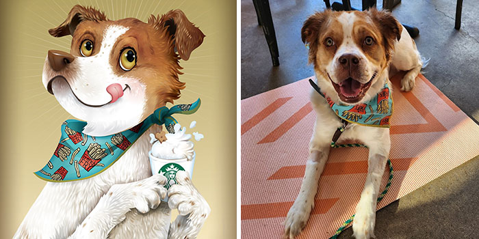 Side-by-side photo and illustration of a happy dog wearing a colorful scarf, showcasing pets immortalized by owners.