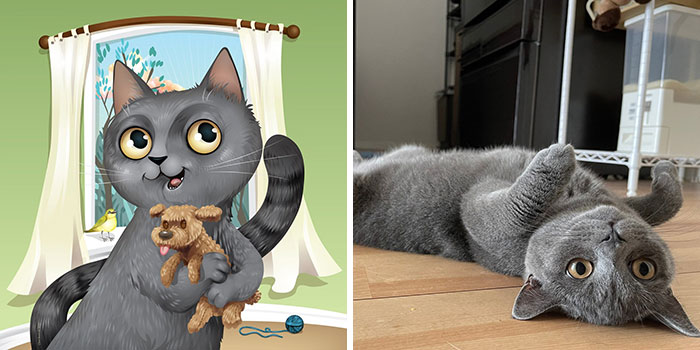 Illustration and photo of pets, showcasing unique pet portraits capturing how humans see their pets in art style.