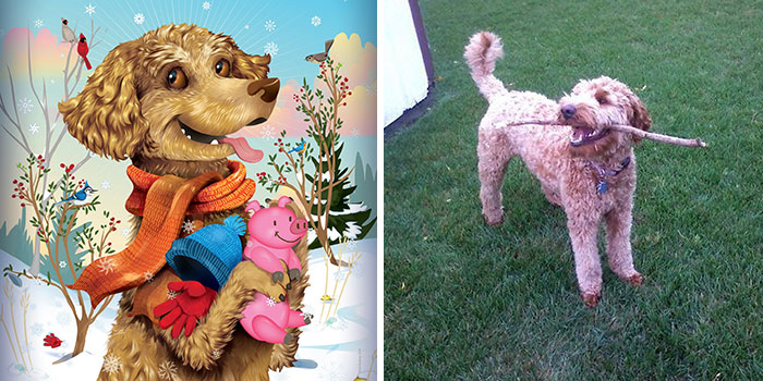 Illustration and photo of a curly-haired dog holding a stick and a toy, showcasing pets immortalized as their humans see them.