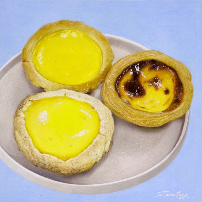 Three realistic egg tart illustrations on a plate showcasing Steven Tang’s deliciously deceptive food art style