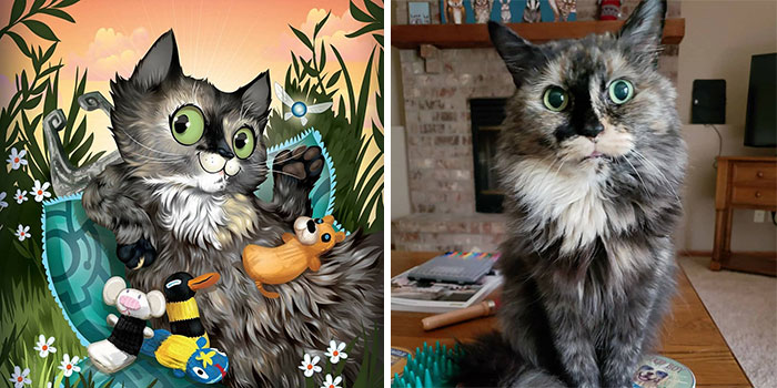 Painting of a cat with large eyes and toys, next to a real cat with similar fur and wide eyes, showcasing pets immortalized.