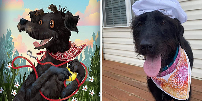 Black dog with a colorful bandana and chef hat next to a whimsical pet portrait capturing pets as their humans see them.