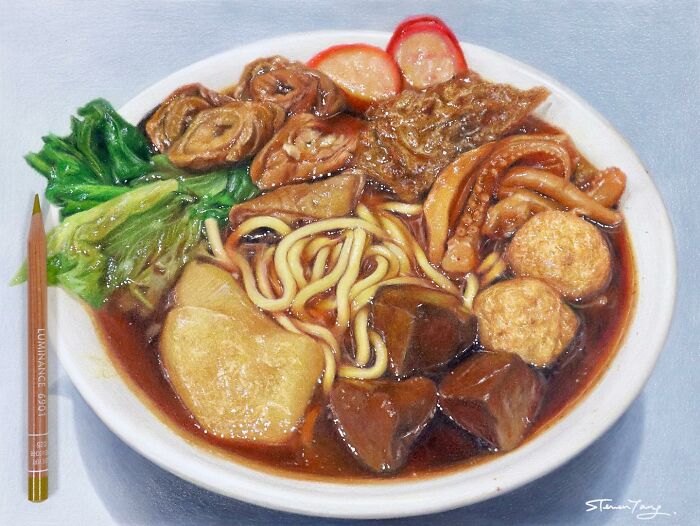 Bowl of noodles with vegetables and meat in a hyper-realistic, deliciously deceptive food illustration.