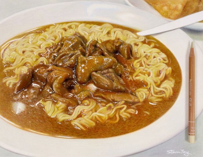 Realistic deceptive food illustration of beef noodle soup with rich broth on a white plate by Steven Tang