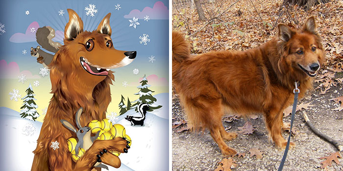 Brown dog with expressive eyes and forest animals in a snowy scene, next to a photo of the real dog outside on a leash.
