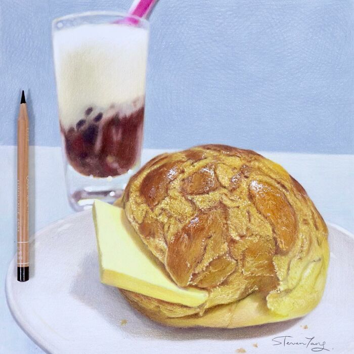 Realistic food illustration of a buttered bread roll and bubble tea, showcasing Steven Tang’s deliciously deceptive food art.