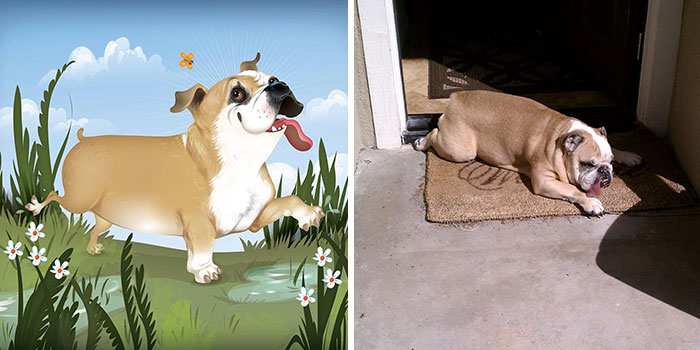 Side-by-side of a cartoon and real bulldog showing pets immortalized as their humans see them outdoors.