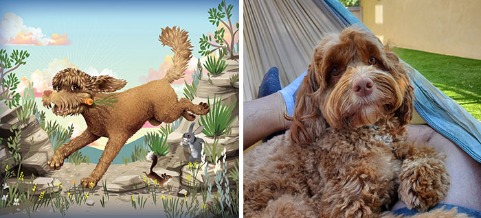 Side-by-side image showing a digital pet portrait and a real dog, highlighting pets immortalized as their humans see them.