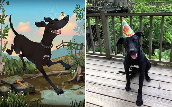 Black dog wearing a colorful party hat on a wooden deck next to a cartoon illustration of the same dog outdoors.